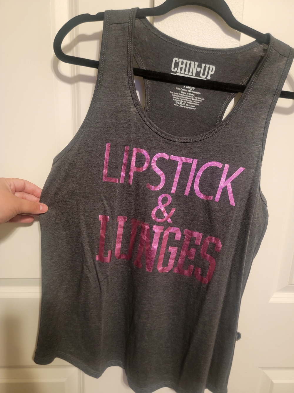 Chin Up Apparel Charcoal Muscle Tee with Pink Foil "Lipstick & Lunges"